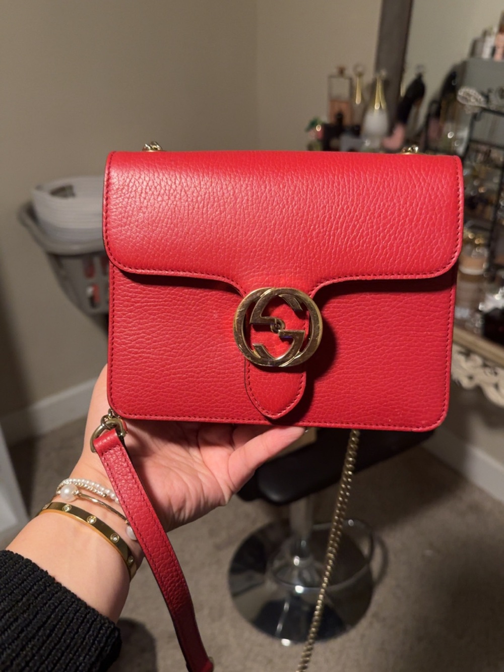 Gucci Red Leather Small GG Chain Crossbody Bag